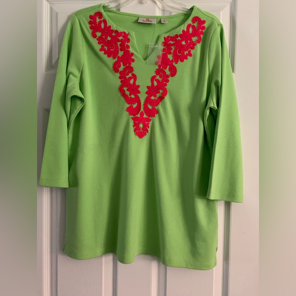 New Women’s Quaker Factory Green Pink Embroidery Beads 3/4 Sleeve Shirt Top Med